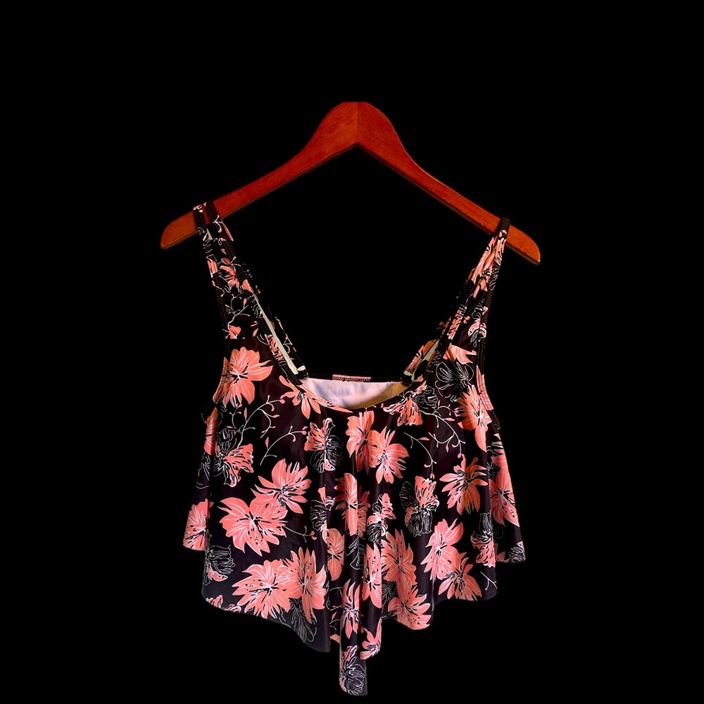 Ruffled black and peach/pink swim suit top